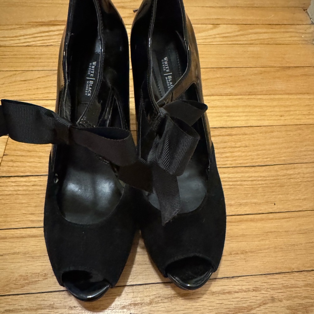 White House Black Market Black Suede Peep-Toe Heels with Bow
